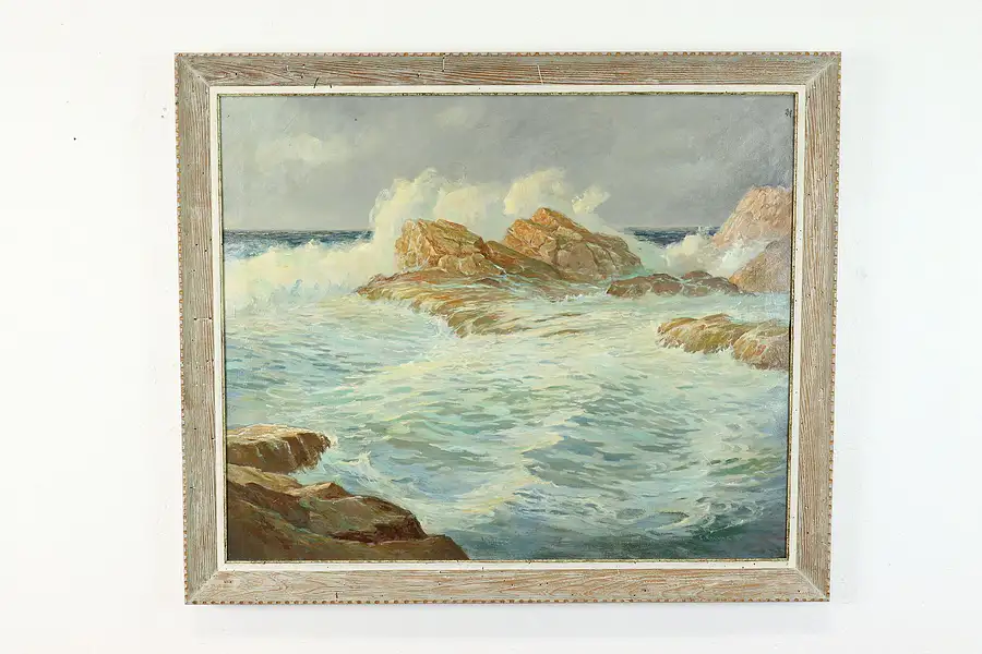 Main image of Ocean Crashing Waves & Rocks Original Vintage Oil Painting, Ronyak 38"