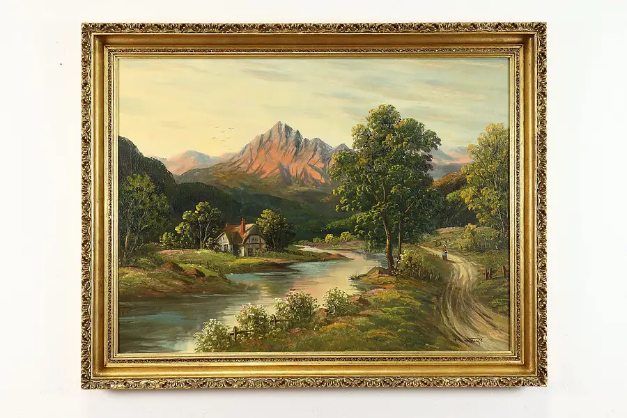 Main image of Cottage & Alps at Sunset Original Antique Oil Painting, Williams 46"