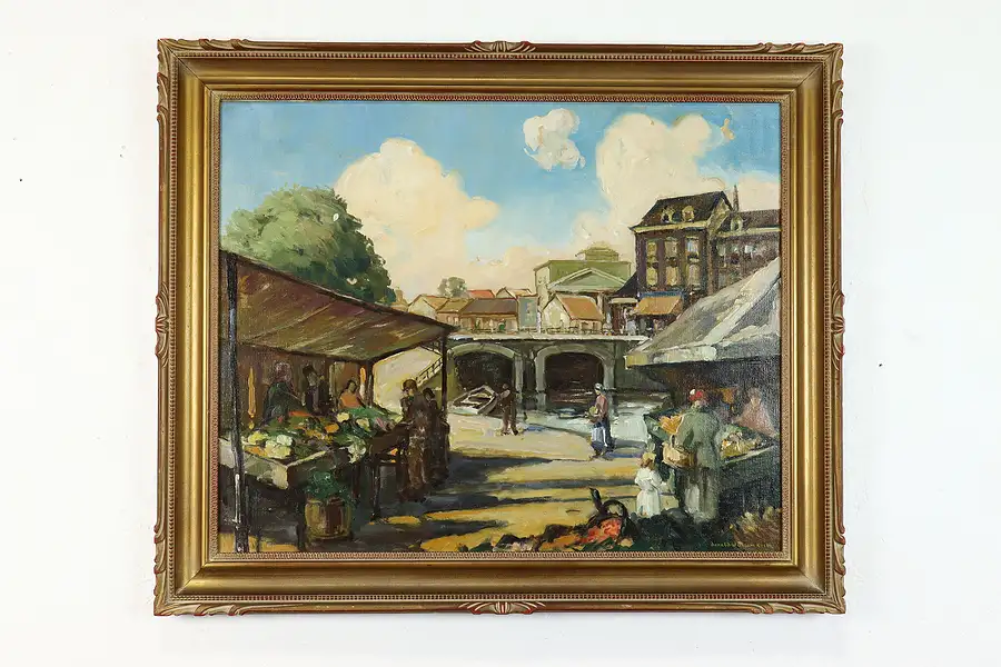 Main image of English Street Market & Bridge Original Antique Oil Painting, Keith 35.5"