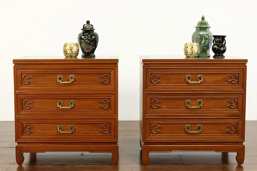 Main image of Pair of Vintage Chinese Nightstands or End Tables with Marble Tops