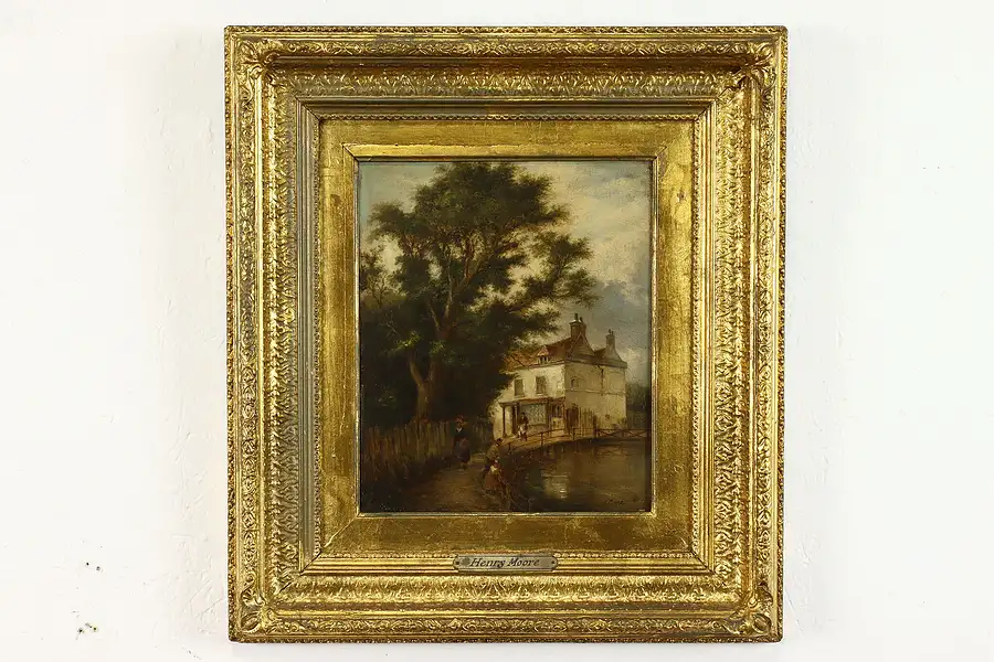 Main image of House & Canal Antique Victorian English Original Oil Painting Moore 20.5"