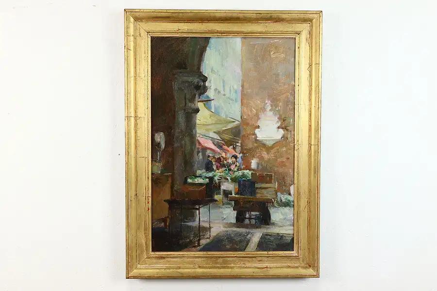 Main image of Market From Under the Arches Original Vintage Oil Painting, 37"