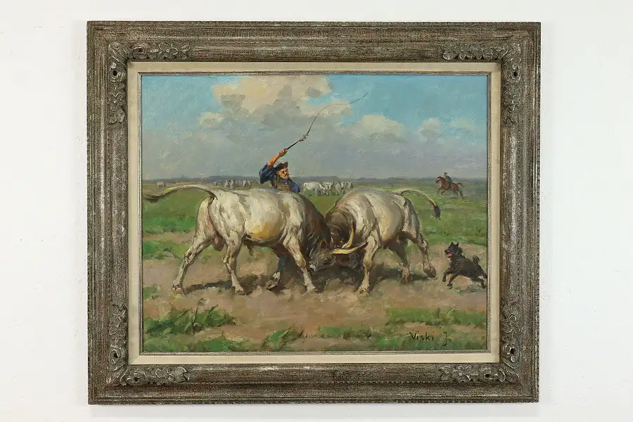 Main image of Cowboy & White Bulls Vintage Original Oil Painting, Viski 38.5"