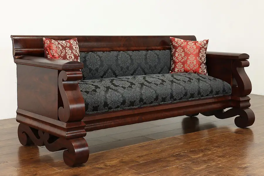 Main image of Empire Antique 1839 Flame Mahogany Sofa, New Upholstery, Baltimore