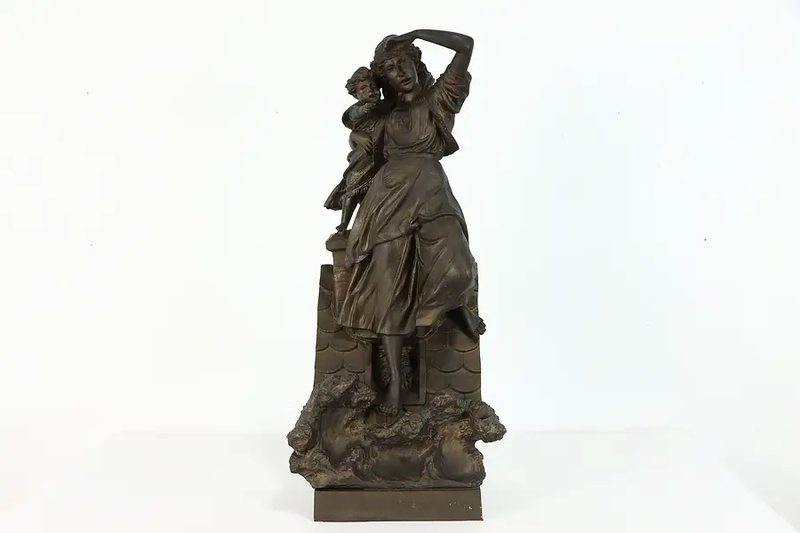 Main image of Mother & Baby Statue Escaping Fire, Victorian Antique Sculpture