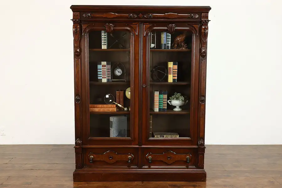 Main image of Victorian Eastlake Antique Walnut & Burl Office or Library Bookcase