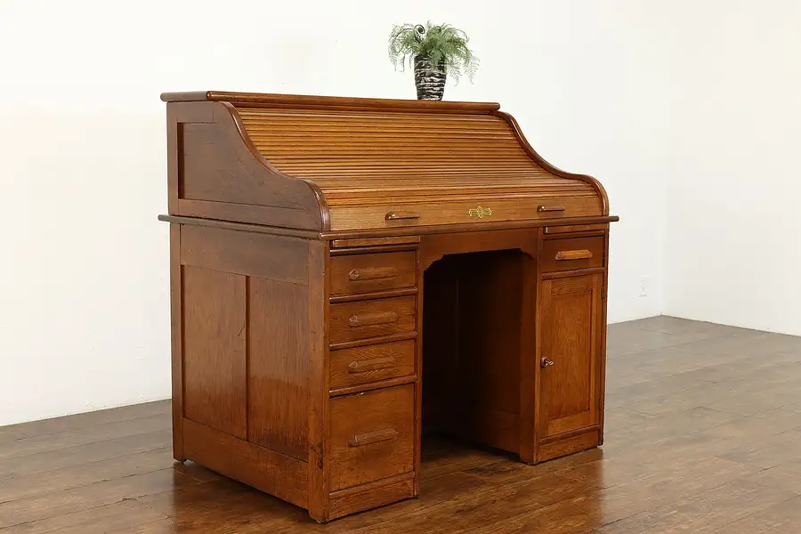 Main image of Traditional Antique Oak Roll Top Office or Library Desk, Pull Out Shelves