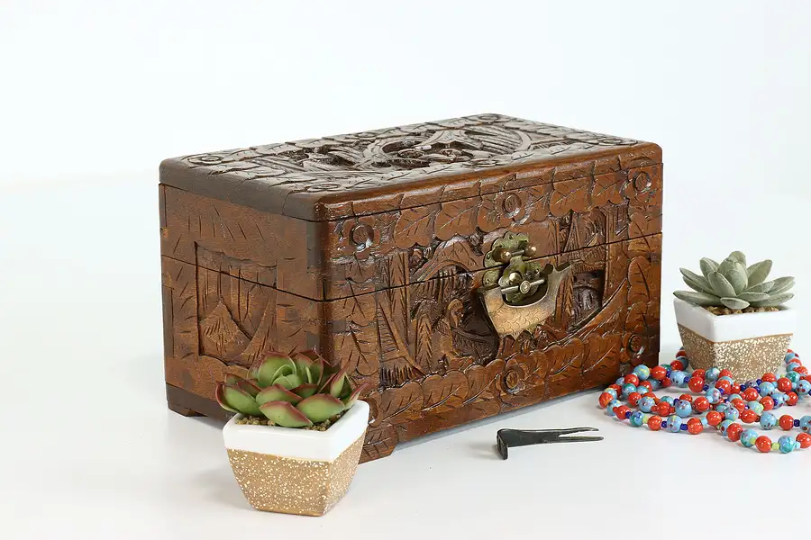 Main image of Chinese Vintage Mahogany Memento Box or Jewelry Chest, Fish Padlock