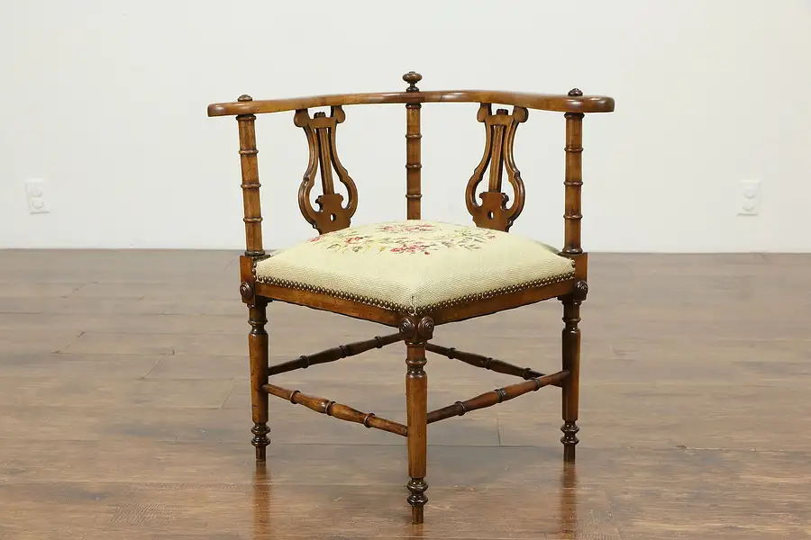 Main image of Victorian Antique 1900 Mahogany Corner Chair, Needlepoint & Petit Point