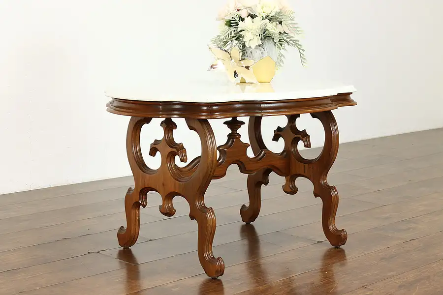 Main image of Victorian Antique 1860's Carved Walnut Coffee Table, Turtle Marble Top