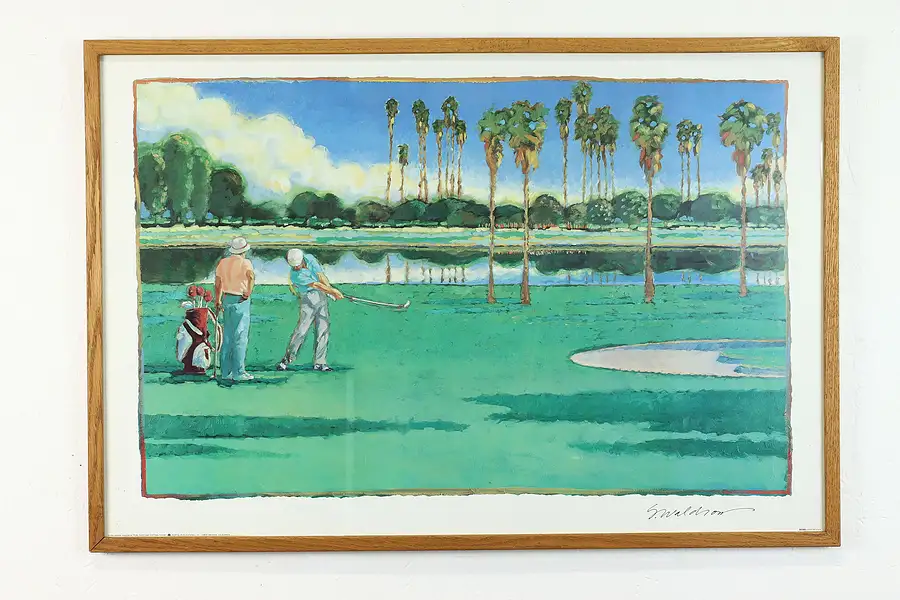 Main image of Golfers on Course Vintage Print with Oak Frame, Signed '90 Waldron 37.5"