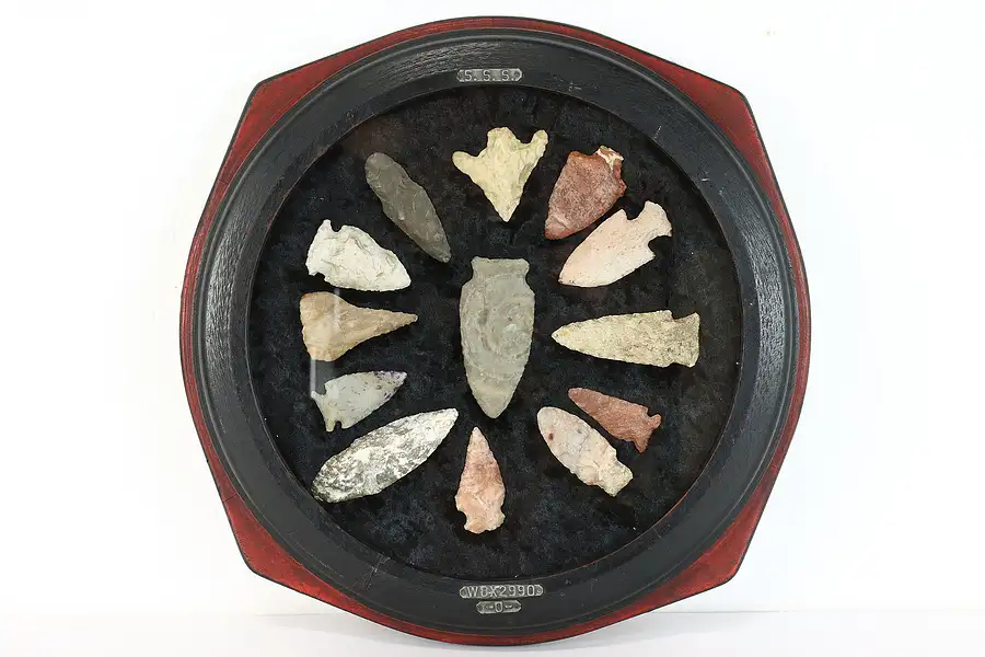 Main image of Set of 13 Antique Stone Native American Points or Arrowheads, Shadowbox