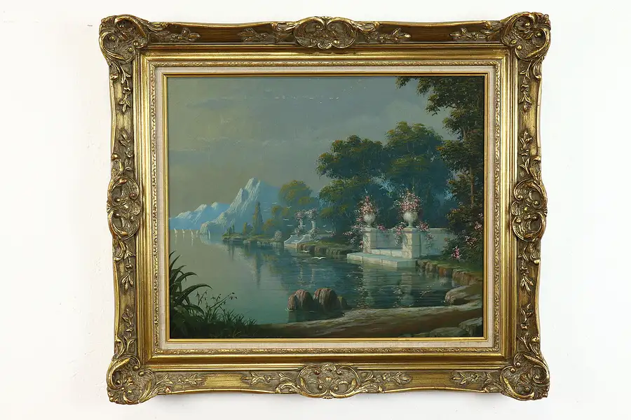 Main image of Oceanside Terrace & Lake Original Antique Oil Painting, Gilt Frame 32"