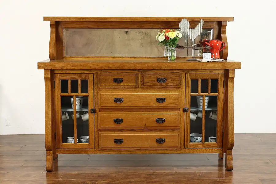 Main image of Arts & Crafts Antique Oak Craftsman Sideboard Server or Buffet, Mirror