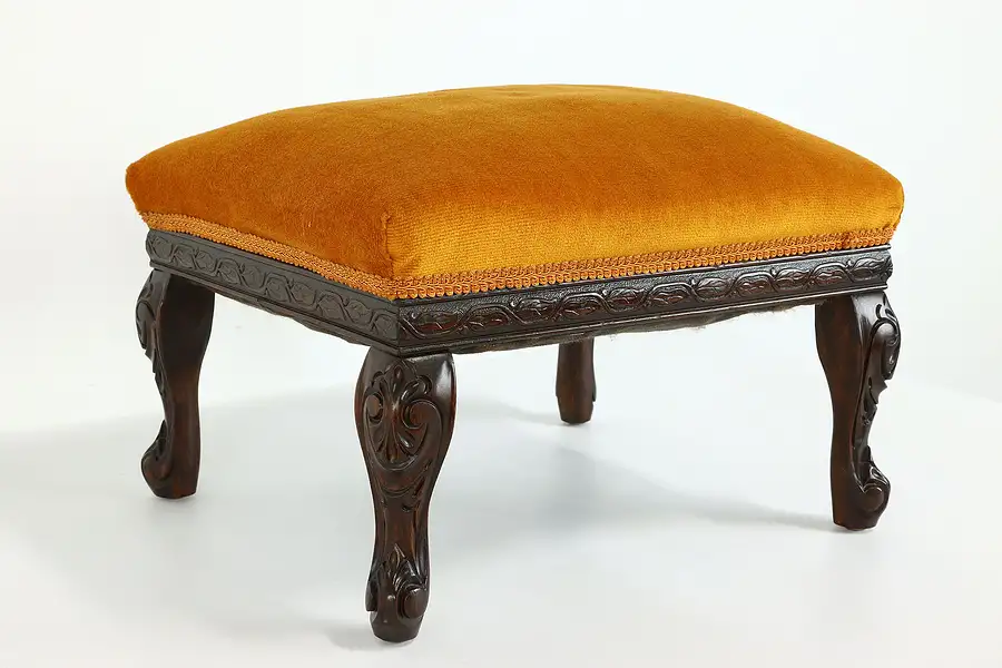 Main image of Traditional Vintage Carved Birch Footstool, Velvet Upholstery