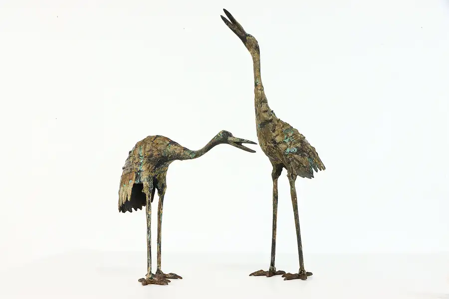 Main image of Pair of Vintage Verdigris Finish Cast Iron Heron Sculptures