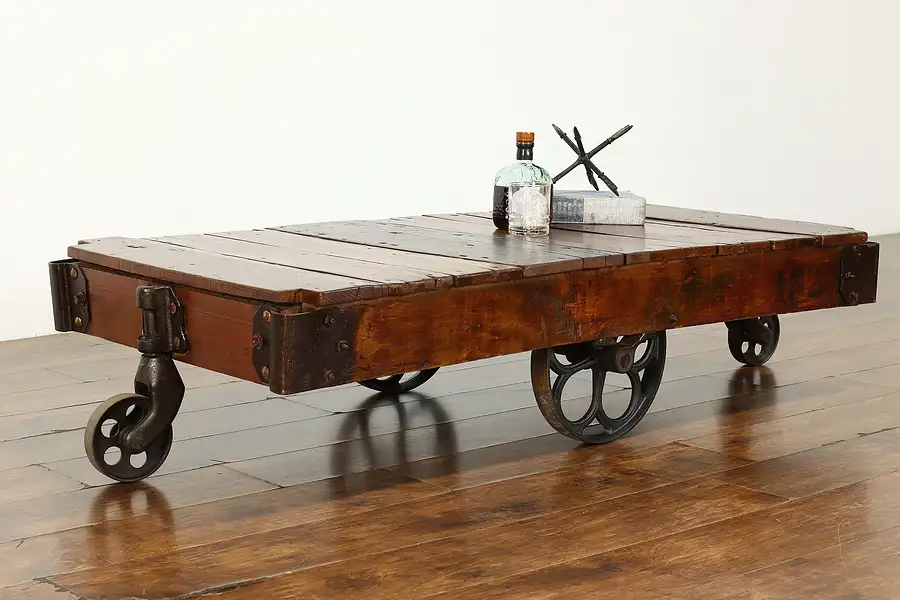 Main image of Farmhouse Industrial Antique Salvage Railroad Cart, Coffee Table