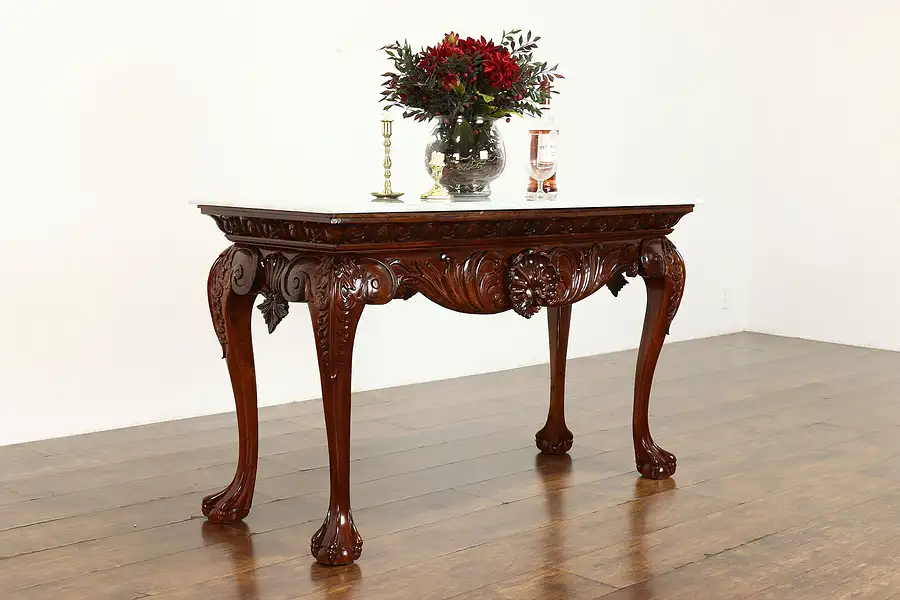 Main image of Georgian Style Vintage Carved Mahogany Sofa or Console Table, Marble Top