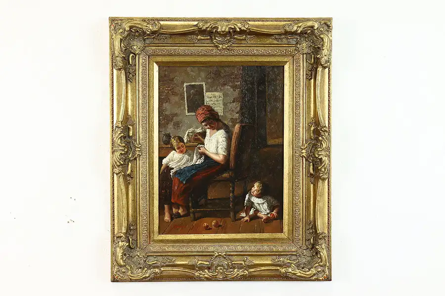 Main image of Mother and Children Vintage Original Oil Painting, Benaglio 24.5"