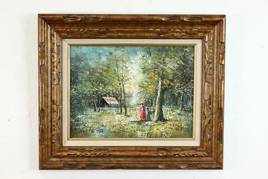 Main image of Forest with Women & Cottage Vintage Original Oil Painting, Hertz 23.5"