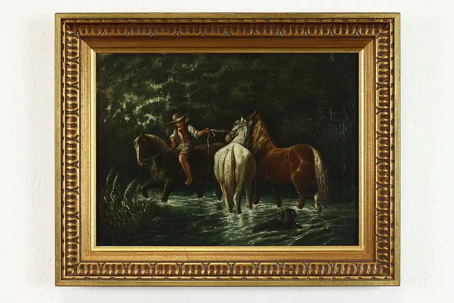 Main image of Boy Fording a River with Horses Original Vintage Oil Painting 19.5"