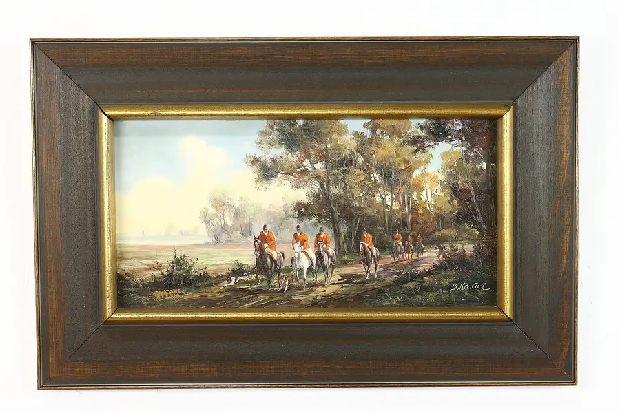 Main image of Forest Scene English Fox Hunt Vintage Original Oil Painting Signed 22.5"