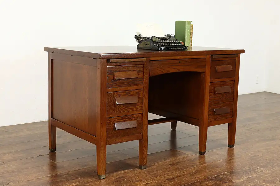 Main image of Oak Quarter Sawn Vintage Office or Library Desk, Brass Feet, File Drawer