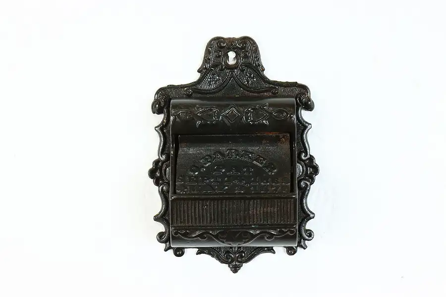 Main image of Victorian Antique Cast Iron Wall Hanging Match Holder, C. Parker 1870