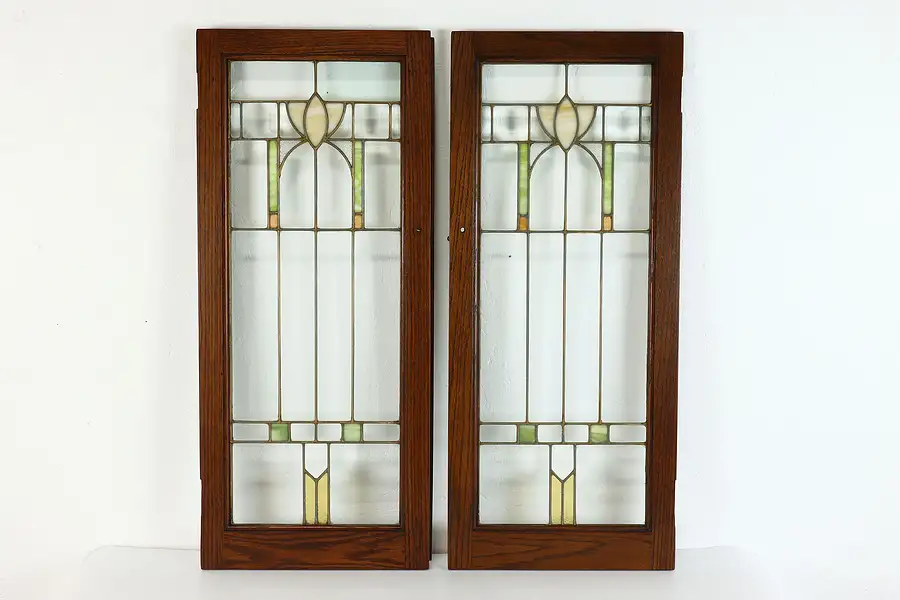 Main image of Pair Craftsman Antique Architectural Salvage Leaded Stained Glass Windows