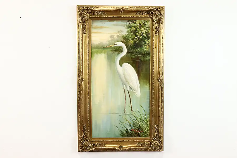 Main image of Monumental Egret Bird in Lake Original Vintage Oil Painting, Cowan 59"