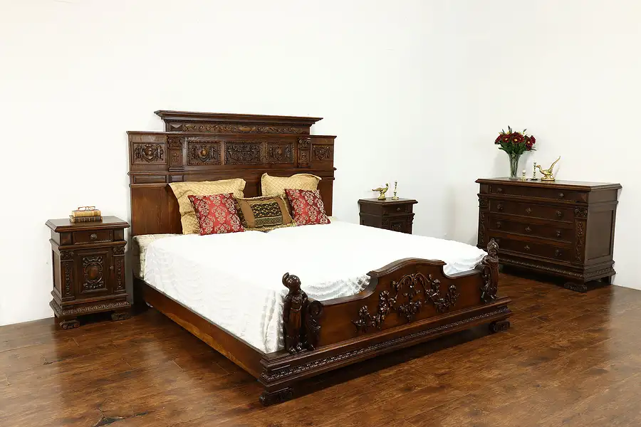 Main image of Italian Renaissance Antique Bedroom Set, King Bed, Dresser & Nightstands