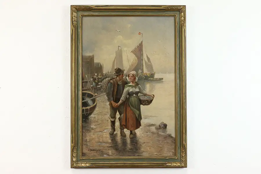 Main image of Couple at Fish Market Antique Original Oil Painting, Baumgartner 35.5"