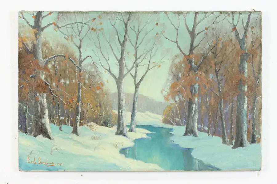 Main image of River Landscape in Winter Vintage Original Oil Painting 1937 Berglund 26"