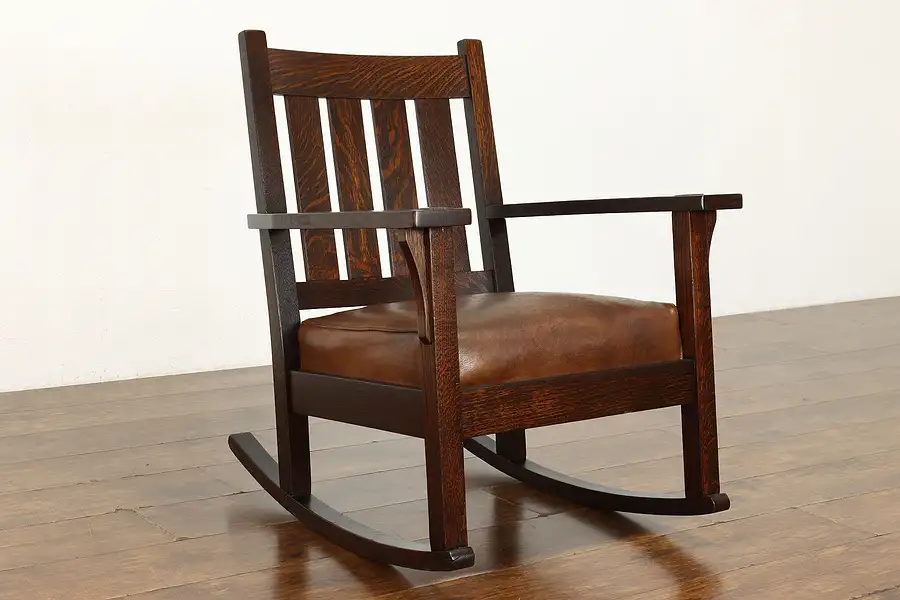 Main image of Arts & Crafts Mission Oak Antique Rocker Craftsman Rocking Chair, Leather