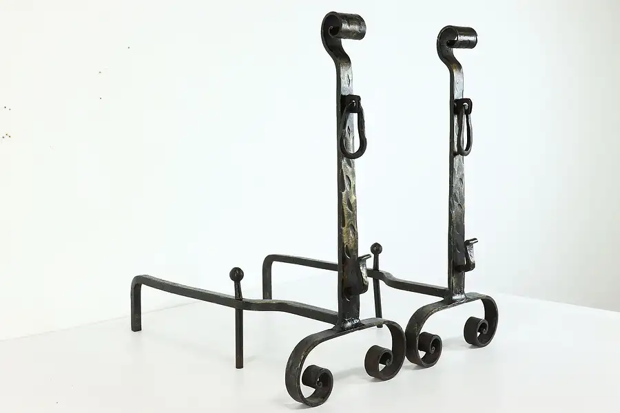 Main image of Pair of Farmhouse Hand Wrought Iron Antique Fireplace Andirons