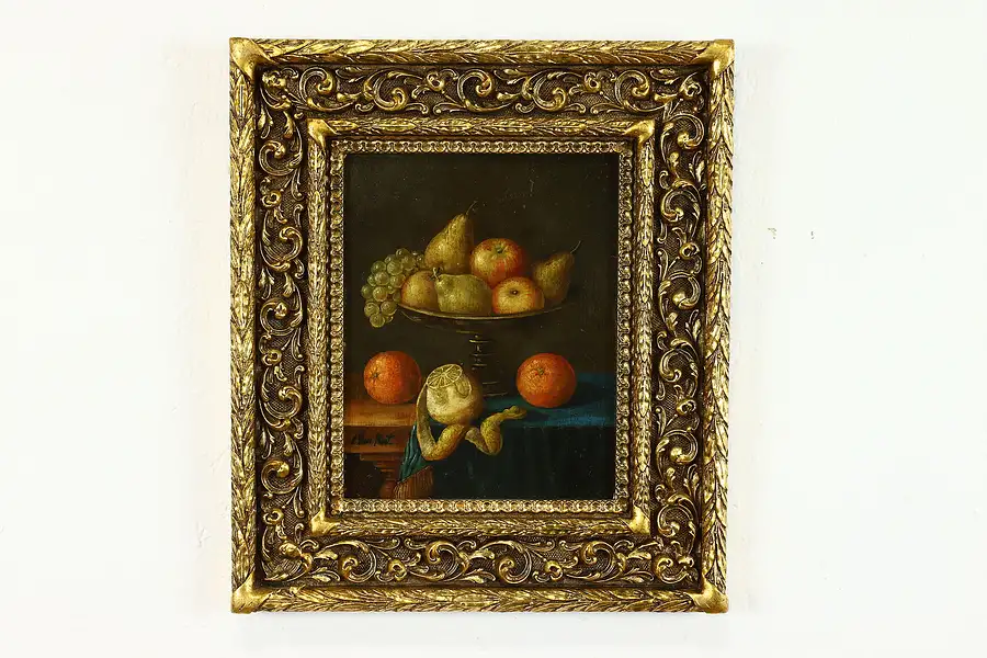 Main image of Fruit Basket Still Life Original Antique Oil Painting 15.5"