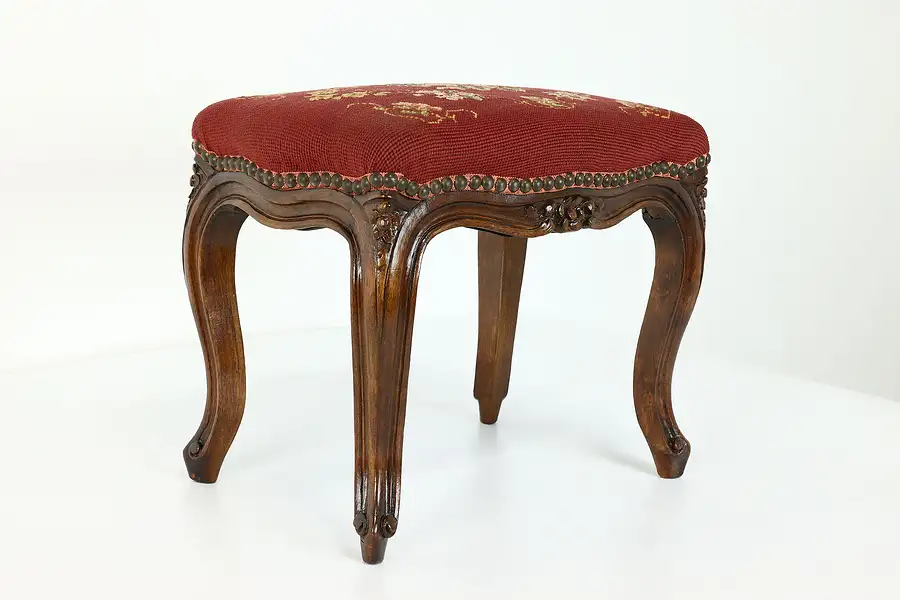 Main image of Country French Antique Farmhouse Footstool, Floral Needlepoint Upholstery