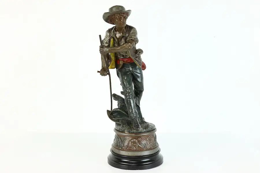 Main image of Victorian Antique Spelter Statue of Farmer Reaping Wheat, Figures on Base