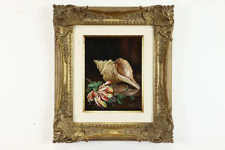 Main image of Conch Seashell & Flowers Original Vintage Oil Painting, Frumin 24.5"