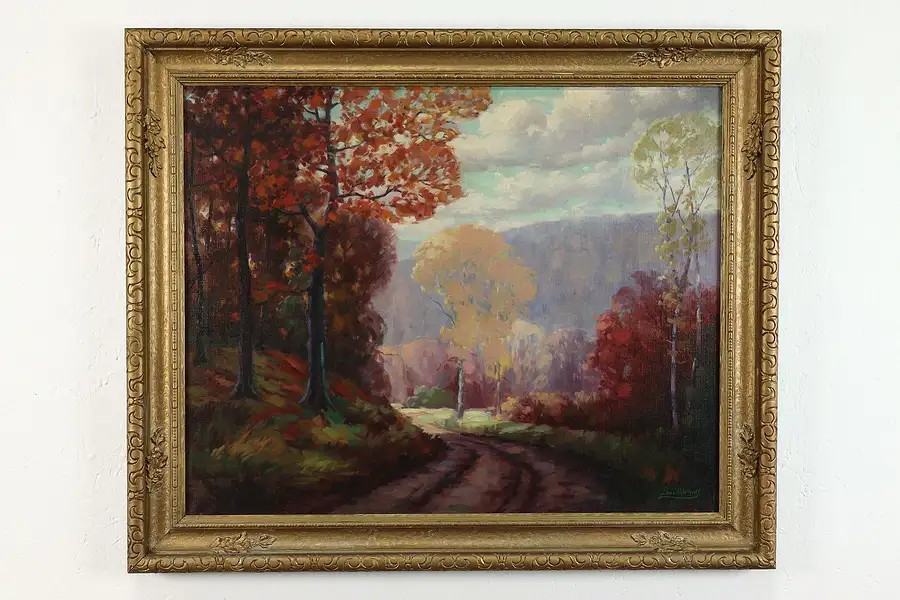 Main image of Autumn Countryside Scene Vintage Original Oil Painting, Blanquet 36"