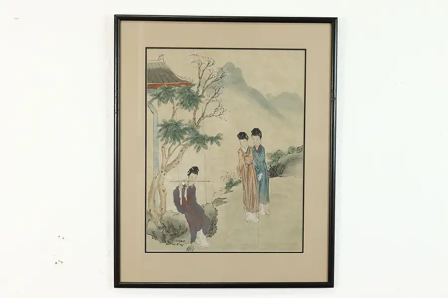 Main image of Japanese Women & Flutist Antique Original Watercolor Painting, 23"