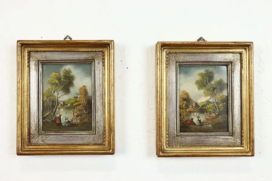 Main image of Pair of Country Landscape Vintage Original Miniature Oil Paintings 8"