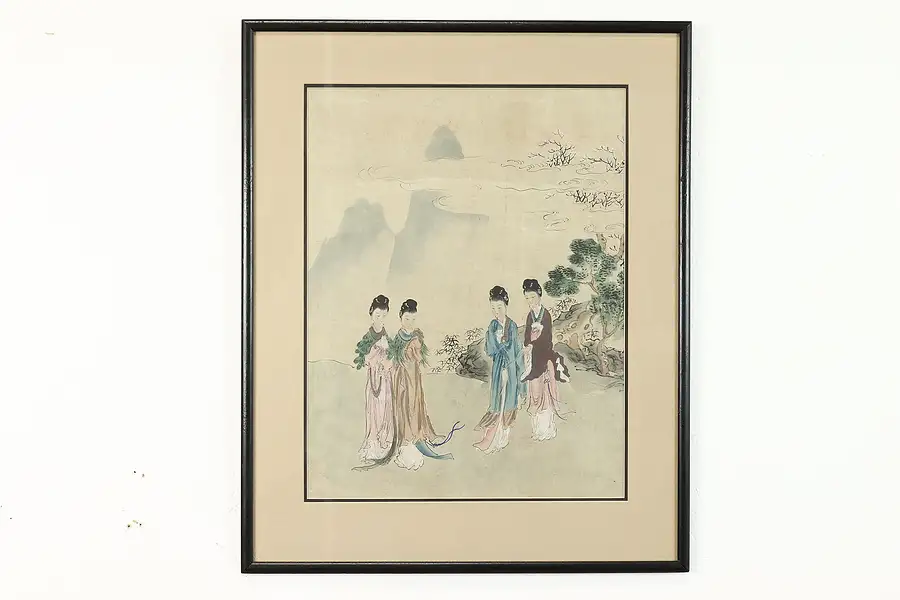 Main image of Japanese Women & Mountains Antique Original Watercolor Painting, 23"