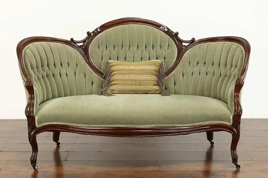 Main image of Victorian Antique Carved Walnut Loveseat or Small Sofa, Mohair Upholstery