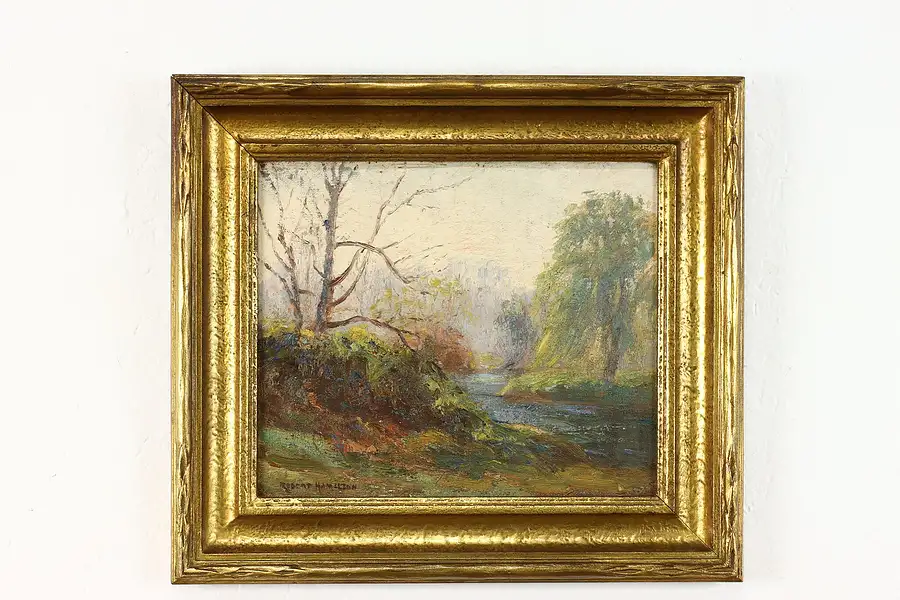 Main image of Bronx River Landscape Antique Original Impasto Painting, Hamilton 16.5"