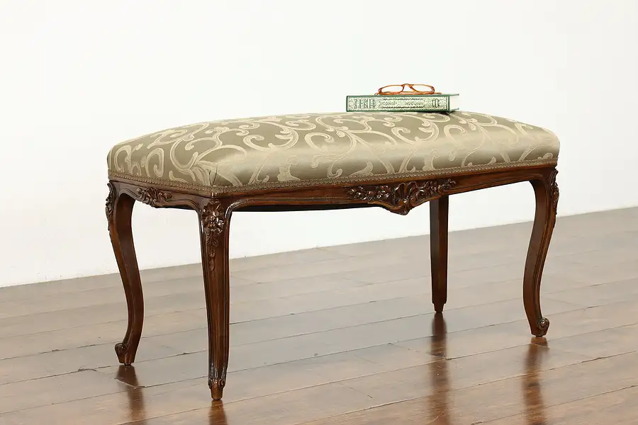 Main image of Country French Vintage Carved Fruitwood Bench with New Upholstery