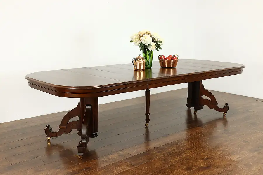 Main image of Victorian Eastlake Antique Walnut 48" Banquet Dining Table, Extends 9'