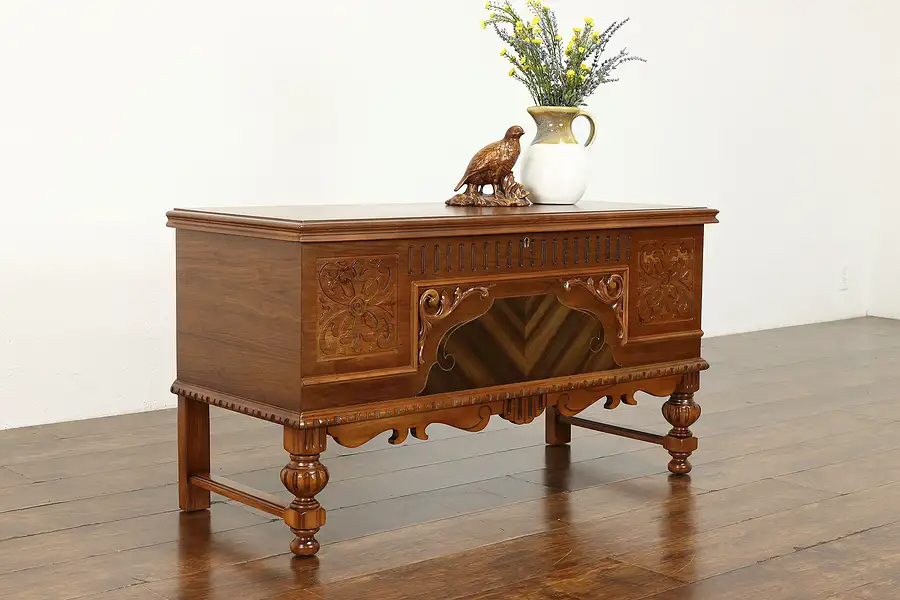 Main image of Tudor Style Vintage Carved Cedar Lined Blanket Chest or Trunk