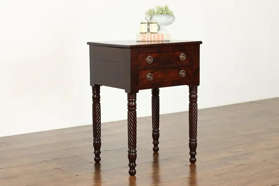 Main image of Sheraton Antique 1830s Mahogany Nightstand, Lamp or End Table Spiral Legs