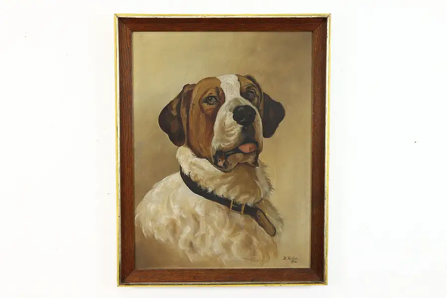 Main image of St. Bernard Dog Portrait Original Antique Oil Painting, 1900 Higbee 28"